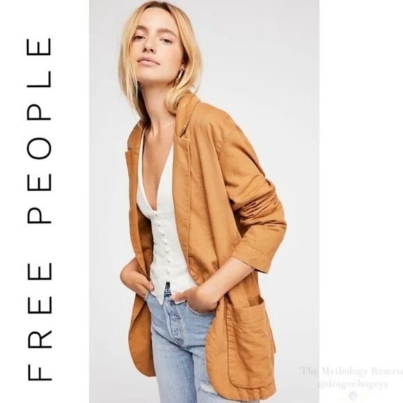 Free People Jackets & Blazers - Free People Tan Brown Linen Cotton Oversized Blazer Jacket X-Small Preppy
